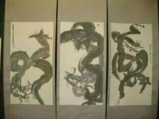 Kichung Lizee: 'Dragon Triptych', 2003 Other, Buddhism.  done on mulberry paper, using Chinese ink and Eastern calligraphy brush.  presented as a traditional Asian scroll....