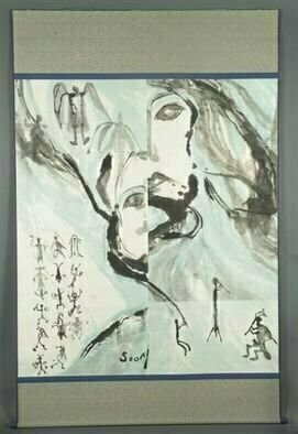 Kichung Lizee: 'Kokopelli', 2005 Mixed Media, Abstract Figurative.  done on mulberry paper, using Chinese ink, Eastern calligraphy paper and water color.  presented as a traditional Asian scroll....
