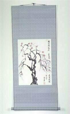 Kichung Lizee: 'Tree with Red Blossoms', 2002 Mixed Media, Botanical.  done on mulberry paper, using Chinese ink, Eastern calligraphy brush and water color.  presented as a traditional Asian scroll. ...