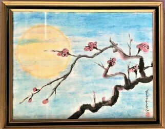 Kichung Lizee: 'moon and plum blossom', 2021 Mixed Media, Spiritual. done on mulberry rice paper on watercolor paper...