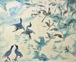 Kichung Lizee: 'two crane series 1', 2020 Mixed Media, Birds. fusion of East and West...