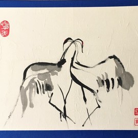 Kichung Lizee: 'two crane series 2', 2020 Ink Painting, Birds. Artist Description: Chinese ink on mulberry paper...