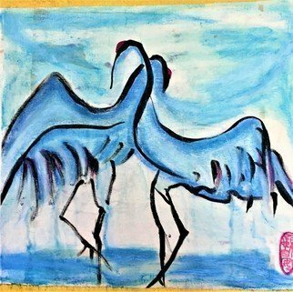 Kichung Lizee: 'two crane series 5', 2021 Mixed Media, Spiritual. water color, pastel and Eastern calligraphy ink on mulberry paper glued on canvas...