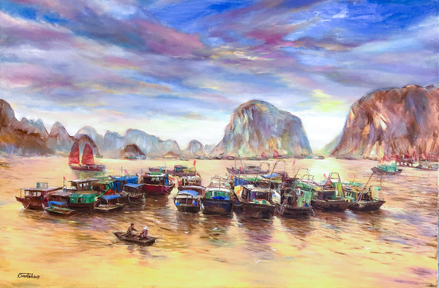 Artist Kim Anh. 'Golden Halong Bay' Artwork Image, Created in 2019, Original Painting Oil. #art #artist