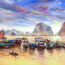 Kim Anh: 'golden halong bay', 2019 Oil Painting, Impressionism. Artist Description: that was captured during my short stay in Halong bay...