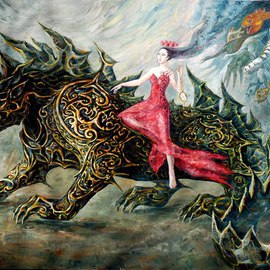 Margarita Usmanova: '666', 2015 Oil Painting, Surrealism. Artist Description:  dragon, girl, red, darkness, tiger, apocalypse ...