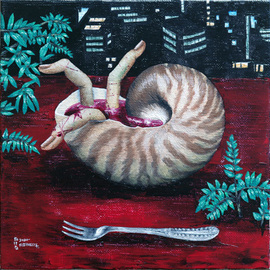 Tkl Kizimecca: 'cannibalistic dessert', 2020 Oil Painting, Outsider. Artist Description: This is new work based on one of the themes of mine. ItaEURtms about the distinction between food and nonfood. Who should distinguish  Which is the most important factor for you about the taste, appearance, reasonableness, rationality, productiveness, economy or feeling  This is a work that includes ...