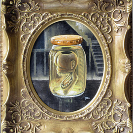 Tkl Kizimecca: 'specimen of an incompetent man', 2020 Oil Painting, Outsider. Artist Description: ARTWORK TITLE: Specimen of an incompetent man in a bottle.Most of the males are always living with stupid and frivolous feeling. This thing is rancor and fun. I imagined that such feeling may be preserved if the guy becomes specimen. in a bottle.This is made with ...