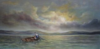 Katalin Luczay: 'Home coming', 2005 Oil Painting, Sea Life.  Two people father and sun fishing in Hungary. The picture was inspired while walking by the lake and watching the late afternoon sun. ...