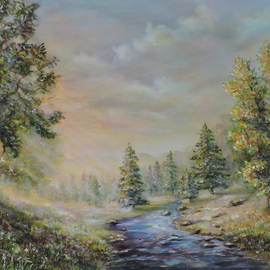 Katalin Luczay: 'fall colored trees and river', 2024 Oil Painting, Nature. Artist Description: Fall colors a painting depicting a peasant sunny day with a refreshing brook and fall colored trees...