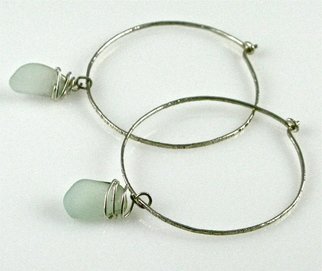 Cheryl Brumfield-knox: 'Beach Glass and Sterling Silver Hammered Hoops', 2011 Jewelry, Beach.   Authentic beach glass dangle elegantly from my 18g S. S. hammered hoops. The sea glass has a faintly tinted sea foam green. The sterling silver hoop is 1 3/ 4 inch, add to that the sea glass for a total of 2 1/ 2 inches long. ...