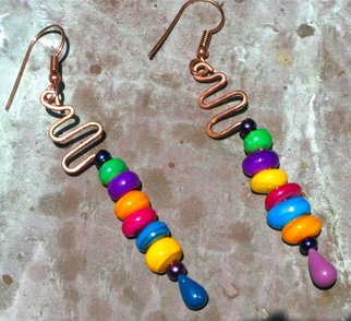 Cheryl Brumfield-knox: 'Colorful Copper Squiggles', 2011 Jewelry, Abstract.  An energetic, fun, summer- time design made from hammered copper wire and colorful glass beads that remind me of Skittles candies! The entire overall length is 3