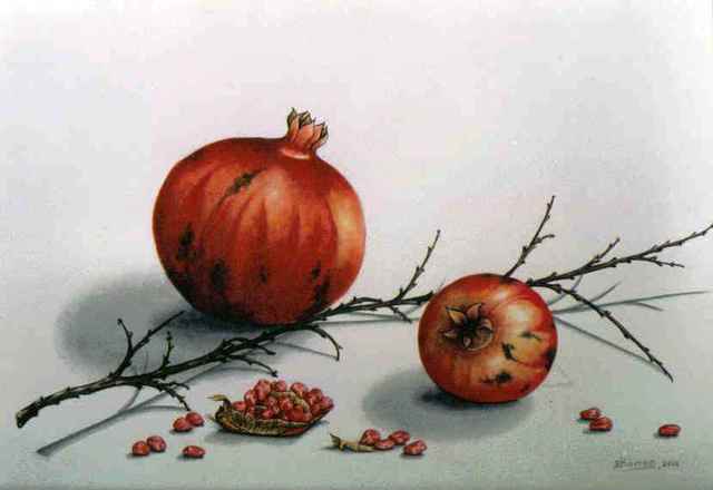 Artist Thomai Kontou. 'Pomegranates' Artwork Image, Created in 2009, Original Watercolor. #art #artist