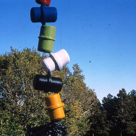 Ivan Kosta: 'Barrelly Standing', 1998 Mixed Media Sculpture, Satire. Artist Description:  Several colorful barrels stacked upon each other in a precarious position, ready to tumble down. . . ...