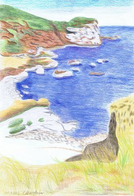 Claudia Luethi Alias Abdelghafar: 'coast landscape', 2003 Other Drawing, Landscape. Coast Landscape, just looking like holiday Drawing with colored pencil on DIN A3 paper...