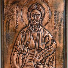 Charalambos  Lambrou: 'Saint Andrew', 2003 Other Sculpture, Religious. Artist Description:  A Vintage handmade artwork of copper presented St. Andrew. Technique Repousse in copper sheet. Dimensions 34* 41 centimeters included wood frame....
