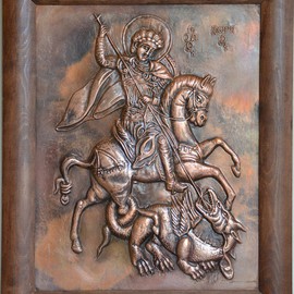 Charalambos  Lambrou: 'Saint George ', 2012 Other Sculpture, Religious. Artist Description:  A Vintage handmade artwork of copper presented Saint George. Technique: Repousse in copper sheet50* 61 centimeters included wood frame.St. George was a great miracle worker and martyr lived in the latter part of the third century A. D. , during Diocletian' s rule of the Roman Empire. ...