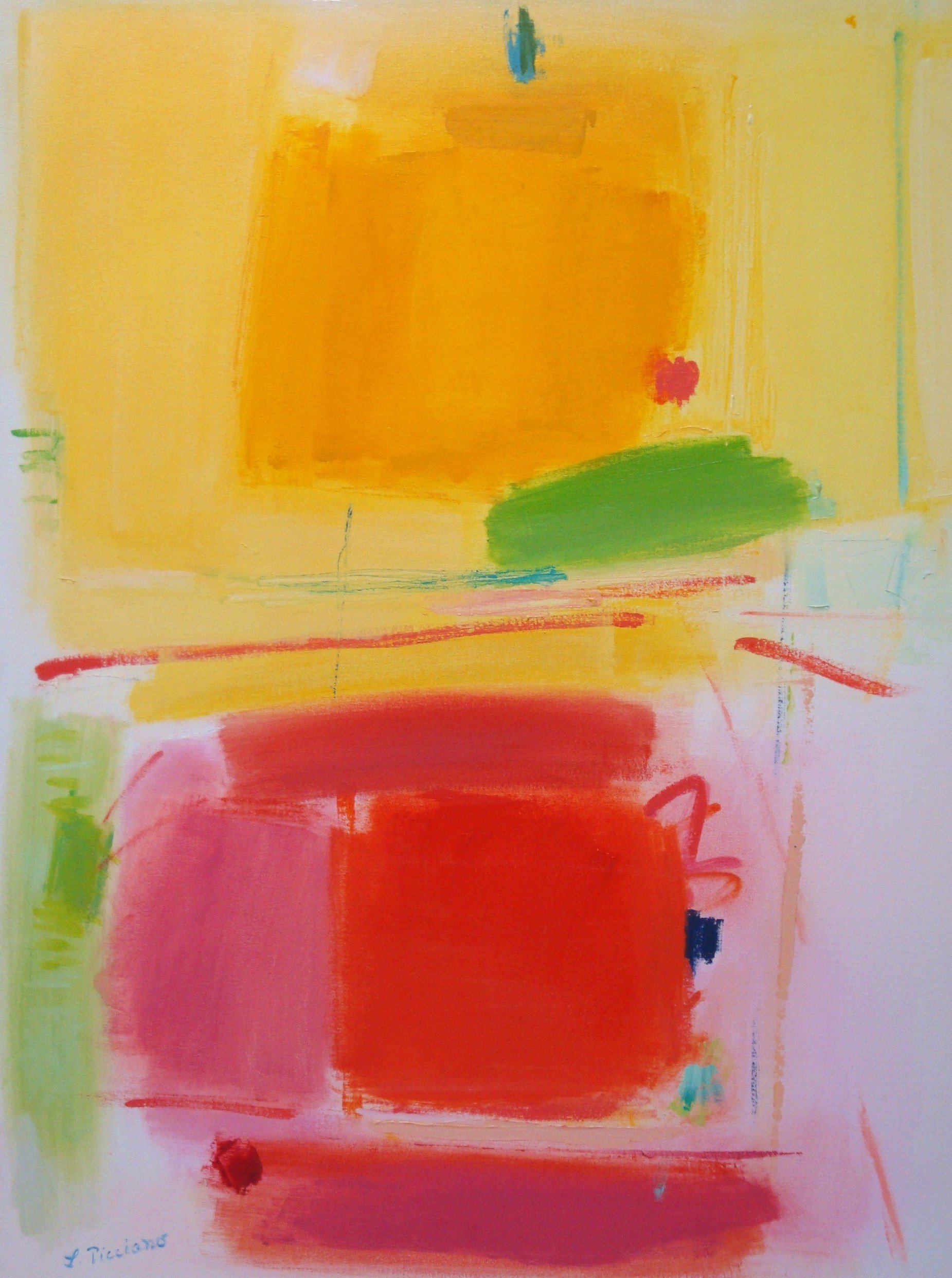 Lana Picciano: 'A Sunny Day', 2014 Oil Painting, Abstract. abstract reds, yellow soft geometric...