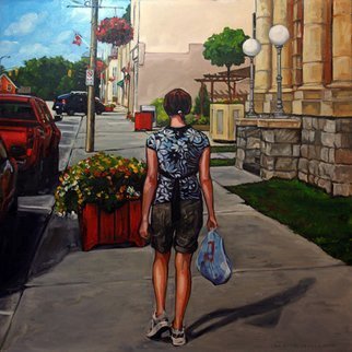 Christine Montague: 'Shopping on Main Street', 2010 Oil Painting, People. Realistic figurative landscape scenic figurative)  oil painting of a young woman ( teenager) in summer clothes shopping on Main Street on a beautiful summer day. Beautiful colors. Bright blue sky, red flowers, red car....