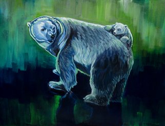 Christine Montague: 'northern lights knapsack', 2021 Oil Painting, Animals. Polar bear cubs stay with their mothers for over two years. She feeds her cub, teaches it how to survive, and fiercely protects it from other bears. She must also be patient, for this highly intelligent bear cub loves to play and climb, and just like with its human counterpart ...