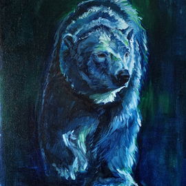 Christine Montague: 'polar bear on the move', 2014 Oil Painting, Animals. Artist Description: Beautiful big polar bear moves gracefully on his solitary journey in the arctic night.  My art work is always about climate change as well as about tribute to these magnificent bears.  This marine bear is walking in the frozen sea - so necessary to his life for hunting, shelter, ...