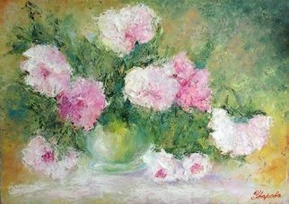 Larysa Uvarova: 'Painting Spring Peonies', 2016 Oil Painting, Floral.  Original oil painting, signed on the front will be great asset to your private collection. This painting was made with brushes and palette knifes, multi- layers. It is perfect for the stylish modern interiors. This painting is unframed, so you can choose the frame size and color by yourself to...