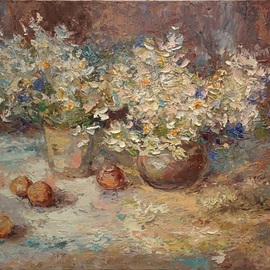 Larysa Uvarova: 'Painting Still life with camomiles', 2016 Oil Painting, Floral. Artist Description: Original oil painting, signed on the front will be great asset to your private collection. This painting was made with brushes and palette knifes, multi- layers. It is perfect for the stylish modern interiors. This painting is unframed, so you can choose the frame size and color by ...