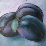 lilac still life with plums By Larysa Uvarova
