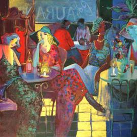 Larry Kaiser: 'Cafe Aurante', 1999 Acrylic Painting, Culture. Artist Description: This was a large acrylic with gold foil added.  Art Finds International sold this painting for $6800 to a buyer whom I never knew.  This is a fashionable style that I like to do- - dramatic, contemporary and teeming with empathy for the cafe moments of our busy life. ...