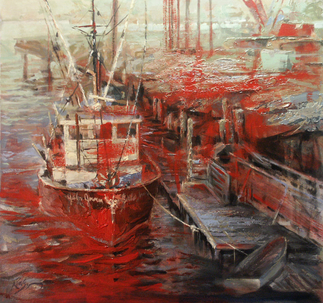 Larry Kaiser  'Invalid Boat At Invalid Dock', created in 2005, Original Painting Oil.