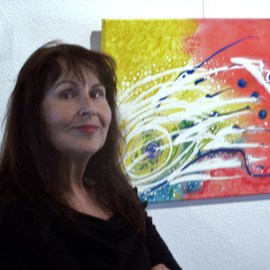 Luise Andersen: 'ARTISTS capture Fellow Artists', 2010 Acrylic Painting, Other. Artist Description:   Captured Images By Luise Andersen, Ron Washington took the one of me in bigger photo, with real beautiful painting by Leo Evans behind me on wall. . Love that one . . gorgeous colors. . movement so Leo Evans like. . just fab work. . . . Leo Evans  captured the pic of this artist . below ...