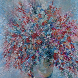 Luise Andersen: 'BOUQUET MIGNON Pic Taken In Bright Sunlight AugEightn', 2008 Acrylic Painting, Floral. Artist Description:  . . . . was completed for a while now. . looked at it while walking by. . and decided to take it with me. . just in case. . during house/ dog/ cats sit job. . well. . after  I was creatively engaged with my latest acrylic art piece, I pulled out the oils. .  and layered. . and ...