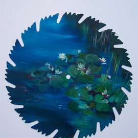 Luise Andersen: 'IDYLL  ON MIND   POND', 2006 Oil Painting, Other. Artist Description: . . . . a friend brought two sawblades into the Art Associastion in Fontana, Ca. , with the statement that she wanted to paint those for clocks. .  that is why the little hole is in the middle. . but she could not do it. . . . if I could do' something' with them. . the hole ...