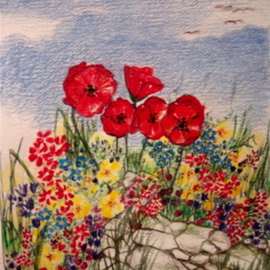 Luise Andersen: 'I WILL REMEMBER YOU POPPIES Large Card For Irene  ', 2007 Other Drawing, Other. Artist Description: . . started in the morning. .  with little interruptions of lunch. . . and other. . was done after nine- thirty evening. . Yes. . Irene was surprised. .  I do not do this often. . this little work( which started out as a' I like You card. . thank  you for being you kind of acknowledgement card) - ...