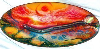 Luise Andersen: 'OF FIRE GLASS ON COPPER ', 2008 Fused Glass, Abstract.  BEAUTIFUL, RICH, TRANSPARENT HUES AND SHAPES APPEAR IN VARIOUS LIGHT IN MULTI IMAGES. . FROM BOTTOM OF FLAT OVAL PLATE. . HEAVY FOR ITS SIZE, SINCE MULTI LAYERED COLORED GLASS. . DESIGN INTRICATE. . ADDED GLASS PIECES. . COLORED. . AND SO VERY BEAUTIFUL. . PLAYFUL EVEN ; - ) LOVE THESE RED FORMS. . AND JUST FOR A VISUAL KICK...
