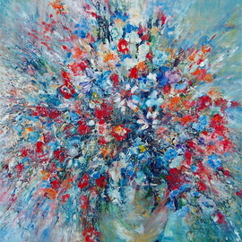 Luise Andersen: 'PETIT BOUQUET', 2006 Oil Painting, Other. Artist Description: . . Really Enjoyed This Painting. .  Also A Pleasure To View. . And Touch. . .  Smooth And Heavy Application of Short And Other Vigerous Brushstrokes Of Oil. . Light Catches In It. .  Bundle Of Sparks In Reds, Blues, Whites, Yellows. Orange. . Green Hues Subtle Yet There. . .  And The Vase. . And Surface It Holds ...