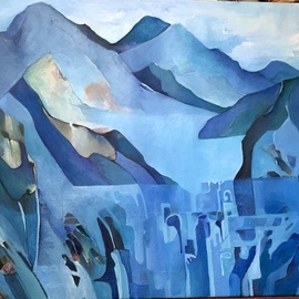 Luise Andersen: 'back to my blue daytime pic', 2019 Oil Painting, Fantasy. Artist Description: placed the larger canvas , awkward for me to handle  am not as strong any more, nor agile either, plus short too   on floor close to back glass door , when sun was still not glaring in. . not the best of photo take, but is close to original hues in ...