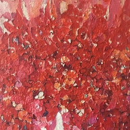Luise Andersen: 'oils dry i can continue now 1', 2018 Oil Painting, Floral. Artist Description: June18,2018- new week starts in beautiful reds . . pulled up this oil painting on canvas covered wood veneer , yesterday afternoon. . all paints are dry and is ready to be worked on. . i paint with the colors i have. . and is going good. like it more now can imagine ...