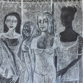Luise Andersen: 'work5 on discipline', 2018 Charcoal Drawing, Other. Artist Description: March 11,2018- see these visages within white behind the figures and none of them spelled happiness to me. . thought of nightmares. good thing is to keep them at distance- created dream catcher for them. smiiile to myself. maybe. i should do some fiber art again. . huuummmm. . . ...