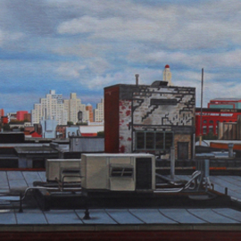 Laura Shechter: 'View from 9th Street', 2012 Oil Painting, Cityscape. Artist Description:  rooftop cityscape of Brooklyn  grafitty ...