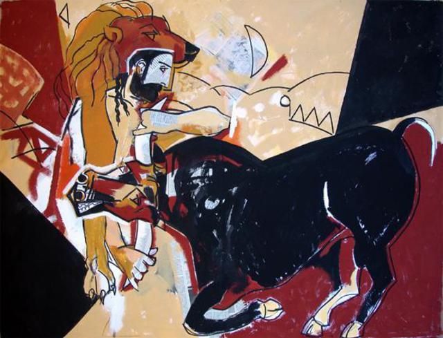 Artist Jose Luis Lazaro Ferre. 'Hercules And The Cretan Bull' Artwork Image, Created in 2005, Original Drawing Pencil. #art #artist