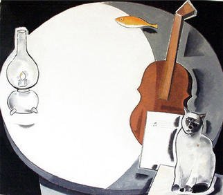 Jose Luis Lazaro Ferre: 'Moon and Violin', 2002 Oil Painting, Cats. 