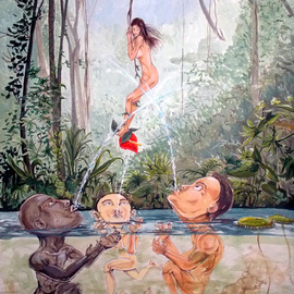 Lazaro Hurtado: 'The Game of the river', 2014 Acrylic Painting, nudes. Artist Description:  Illustrated thoughtsOriginal painting by Lazaro Hurtado.  Processing 3 business days.  Sent in a package, ready to hang with certificate of authenticityPeople, nudes, jungle, woman, trees, surrealism, expressionism, conceptual...