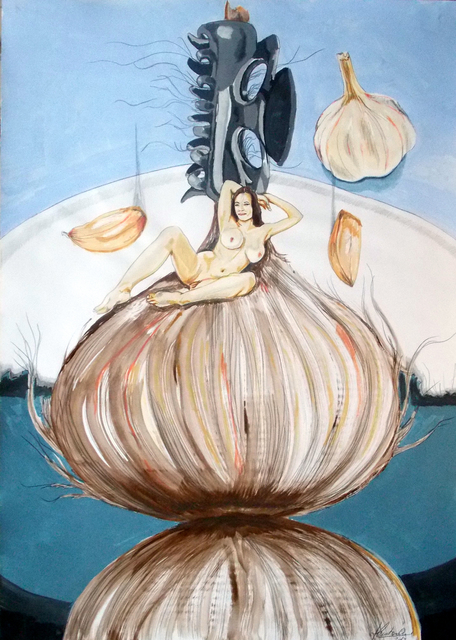 Artist Lazaro Hurtado. 'The Onion Maiden And Her Hair' Artwork Image, Created in 2013, Original Painting Acrylic. #art #artist