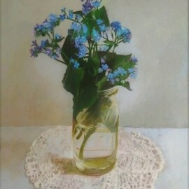 Lea Laboy: 'forget me nots', 2023 Oil Painting, Floral. Artist Description: Forget- me- nots   oil on cardboard...