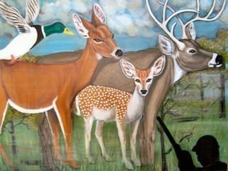 Rita Levinsohn: 'Killing Field', 2007 Acrylic Painting, Activism.  Painting depicts a peaceful family of deer wandering in a forest unaware of a hunter.  ...