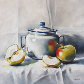 Daniele Lemieux: 'White Light', 2015 Oil Painting, Still Life. Artist Description: This delightful painting of apples and an enamelware canister is attractively framed in a 2 inch black wood floating frame, which will look great in any setting. ...
