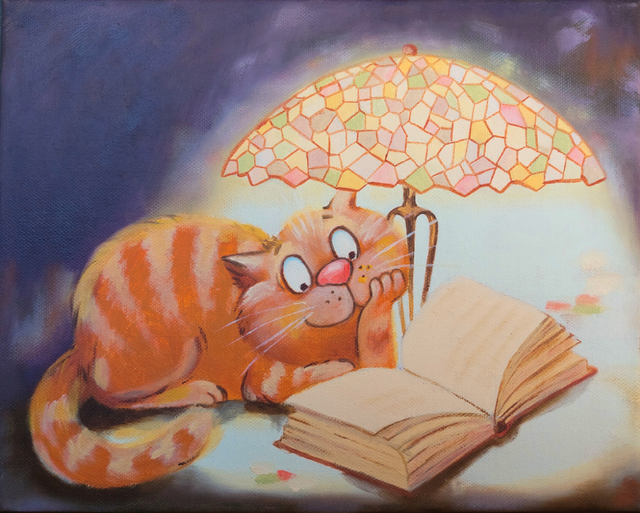 Artist Lena Britova. 'Cat And Interesting Book' Artwork Image, Created in 2022, Original Painting Oil. #art #artist