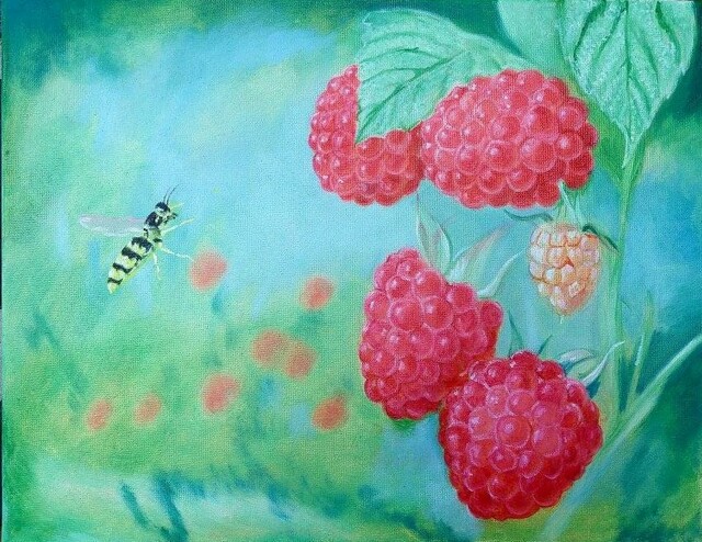 Artist Lena Britova. 'Raspberry Summer Landscape' Artwork Image, Created in 2022, Original Painting Oil. #art #artist