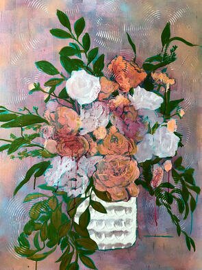 Leslie Abraham: 'wishing you well', 2023 Acrylic Painting, Botanical. botanical study impressionist painting of a floral arrangement, using textured acrylic paint, spray paint, handmade paper collage and direct brush- to- canvas techniques...
